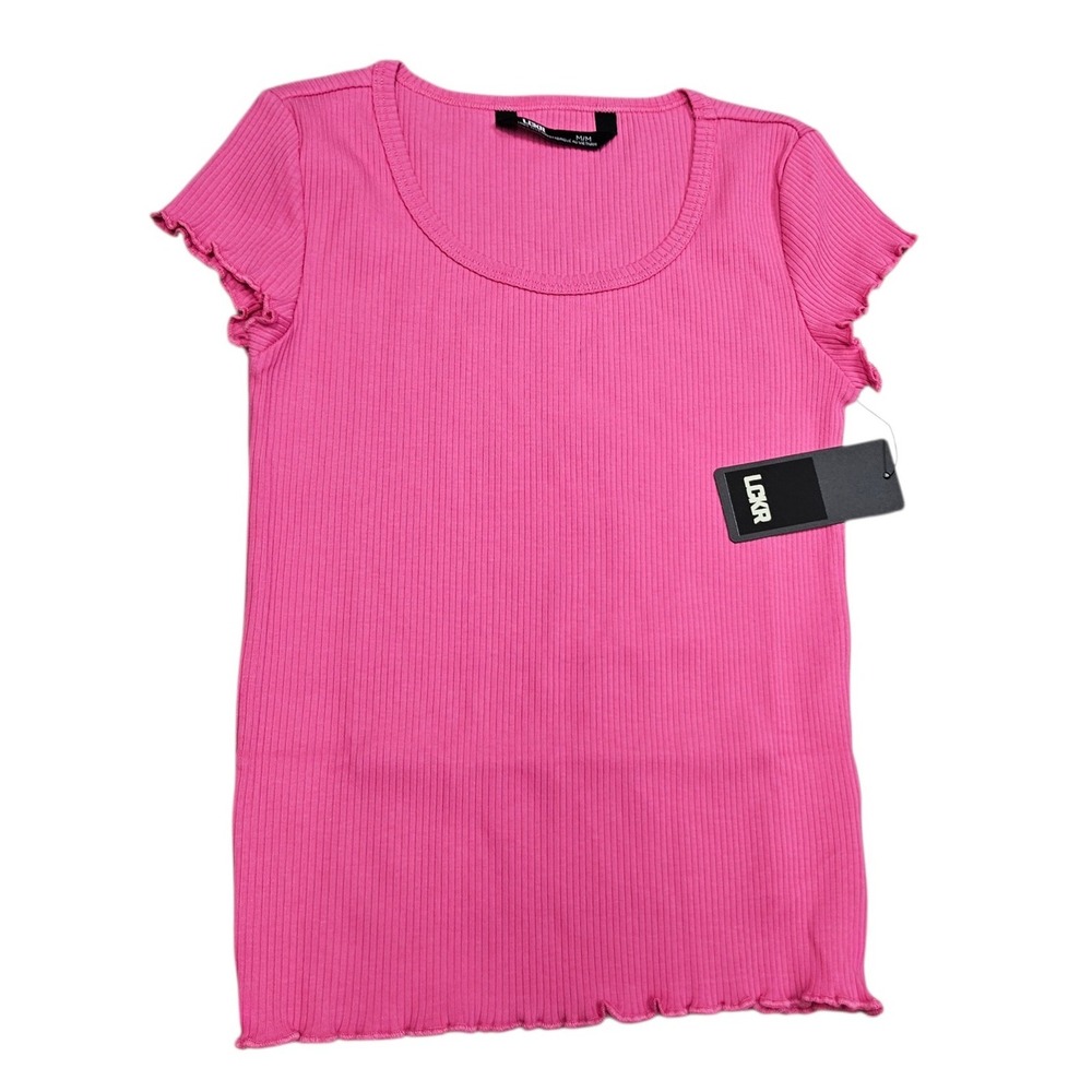 LCKR Ribbed T-Shirt Kids M 10-12 Pink Lettuce Edge Scoop Neck Short Sleeve Top